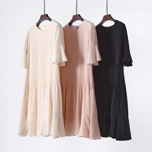 风琴褶 真丝桑蚕丝褶皱宽松短袖连衣裙女喇叭袖气质女士中长裙