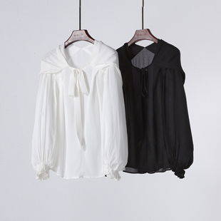 温柔减龄 真丝建宏绉V领披肩褶皱领长袖衬衫桑蚕丝上衣