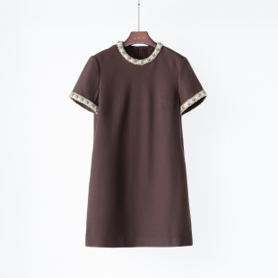 名媛千金风重磅真丝羊毛 连衣裙短裙 桑蚕丝内里重工钉珠圆领长衫