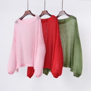 松软棉花糖 真丝山羊绒一字领针织宽松长袖透视罩衫 轻薄羊绒毛衣