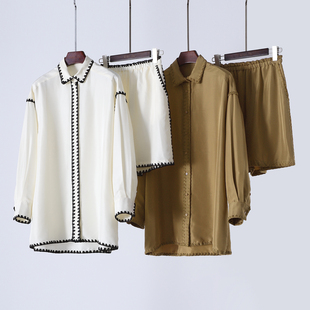 重工刺绣桑蚕丝套装 重磅真丝电力纺宽松长袖衬衫 高腰休闲短裤