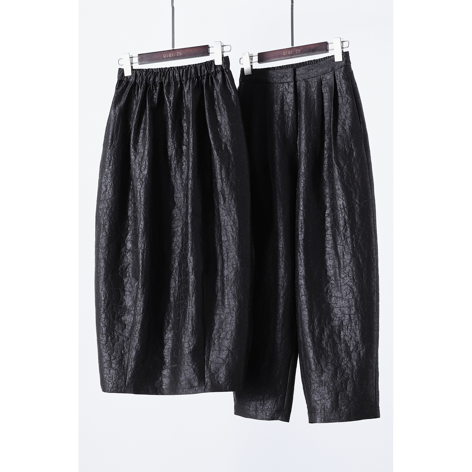 重磅莨绸重磅真丝龟裂纹香云纱花苞气球半身裙桑蚕丝松紧腰休闲裤