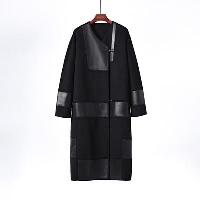 双面呢拼真皮手缝双面v领长大衣