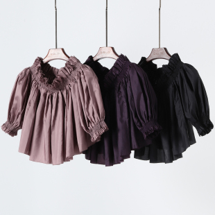 看需要 迷人一字肩真丝对丝木耳边泡泡袖上衣