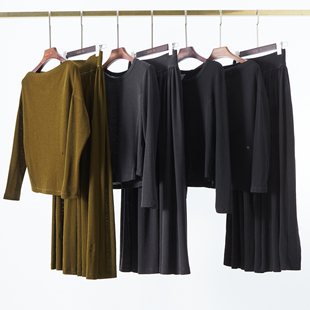 针织精纺羊毛套装 高腰大摆半身裙 一字领 圆领长袖修身T恤