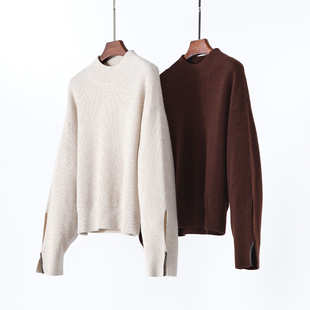 版型惊艳 山羊绒圆领长袖开叉针织衫女宽松百搭套头毛衣秋冬