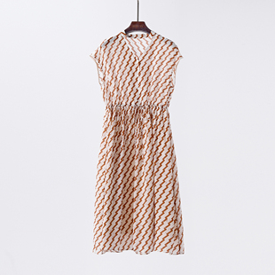 长裙 v领收腰连衣裙 盲拍 小重磅真丝双绉复古几何印花桑蚕丝无袖