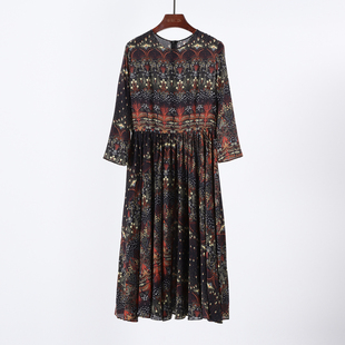 复古耐看 小重磅真丝双绉 桑蚕丝印花高腰修身中长半身裙