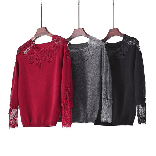 羊绒通勤圆领蕾丝拼接长袖针织衫