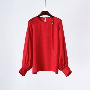 明艳中国红 改良中式重磅真丝玫瑰提花圆领宽松长袖上衣