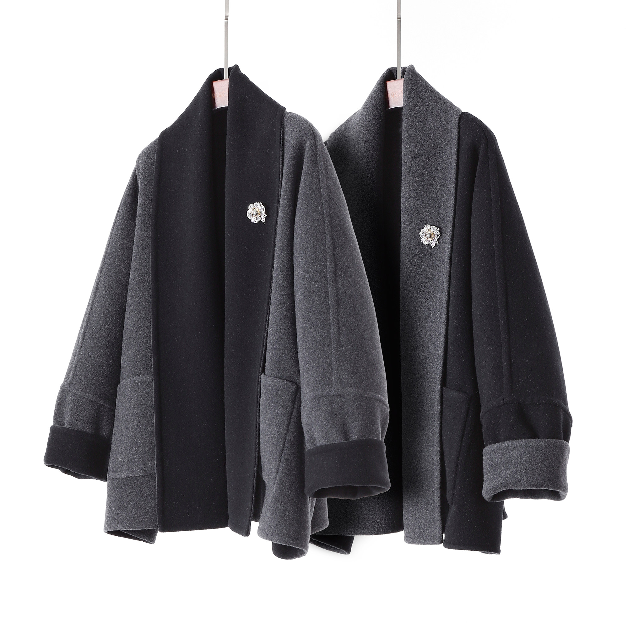 双面穿 双面异色松弛慵懒风毛呢外套女中长款灰色翻领气质大衣冬