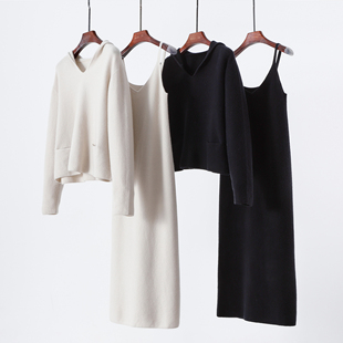 好货 加密无缝一体山羊绒套装 连帽休闲套头卫衣 背心吊带连衣裙