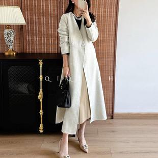 手缝双面异色小山羊绒V领双排扣修身 优雅温婉 中长手工毛呢大衣
