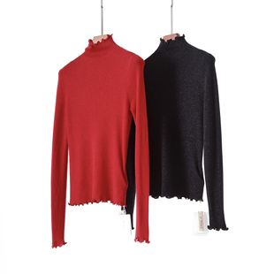 细腻隐闪 精纺细羊毛衫 立体木耳花边半高领修身长袖针织打底衫