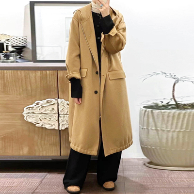 闭眼抢超值 文艺慵懒手缝双面羊绒连帽宽松长款手工大衣 外套