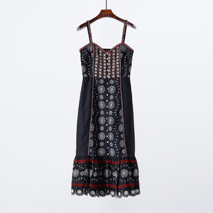 纯外单 超重工亚麻刺绣吊带背心连衣裙