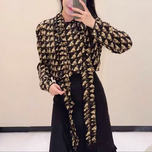 减龄千金 真丝定位印花衬衫女黑色流苏领结系带桑蚕丝长袖上衣