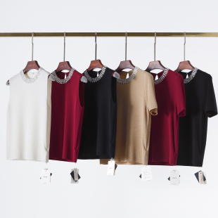 针织衫 极细美丽诺羊毛手工钉钻圆领无袖 修身 精纺羊毛衫 上衣 短袖