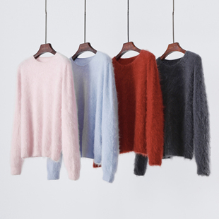 山羊绒拉绒毛衣女宽松圆领套头打底衫长袖纯色基础百搭显瘦针织衫
