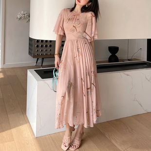 温柔飘逸 真丝雪纺纱蜻蜓印花双层荷叶袖桑蚕丝许慎大摆连衣裙