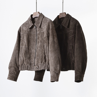 复古宽松机车款 美式 夹克真皮外套 羊反绒 绵羊皮