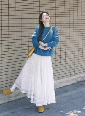 B357 春秋夏网纱A字百褶蕾丝高腰大摆裙半身裙