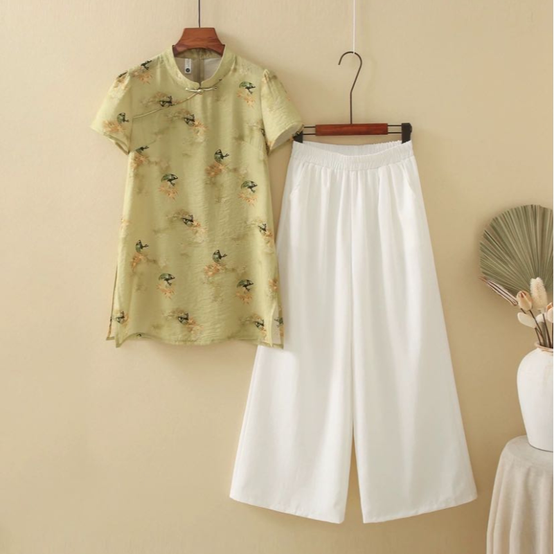 6189 夏款国风复古新中式旗袍改良刺绣上衣阔腿裤两件套套裤JR