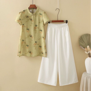 6189 夏款国风复古新中式旗袍改良刺绣上衣阔腿裤两件套套裤JR