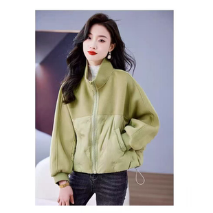 秋冬款 短款 时尚 宽松韩版 拼接毛呢外套 保暖蝙蝠袖 2860
