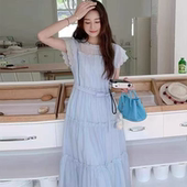 5A32 海边旅游度假减龄宽松显瘦收腰长裙 木耳边飞飞袖 春夏款 法式