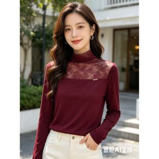 A703 春秋款轻熟风氛围感半高领蕾丝拼接显瘦百搭打底衫JR