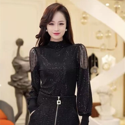 3351 春秋款时尚百搭亮片黑色洋气打底衫