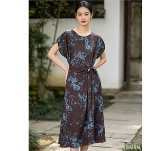 L960 夏季新款时尚气质印花系带收腰显瘦连衣裙