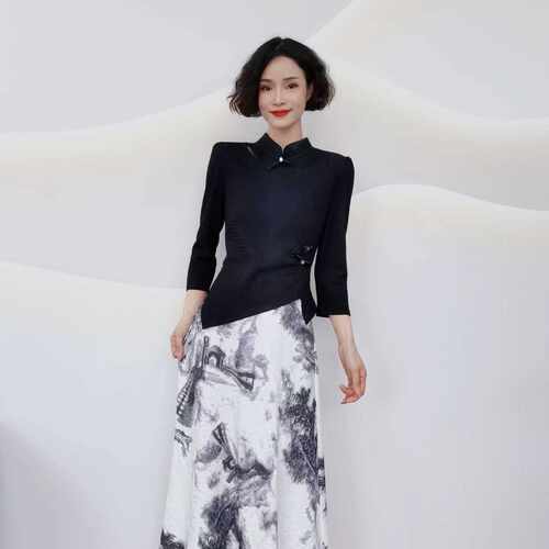 0338 春夏款新中式优雅立领上衣高级水墨画半身裙两件套