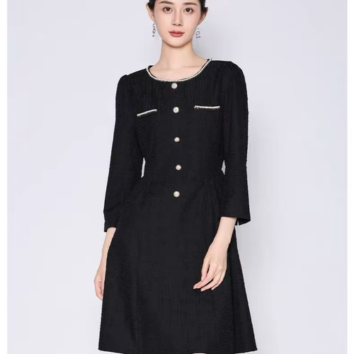 6816 春夏款小香风钉珠圆领收腰显瘦中长款连衣裙JR