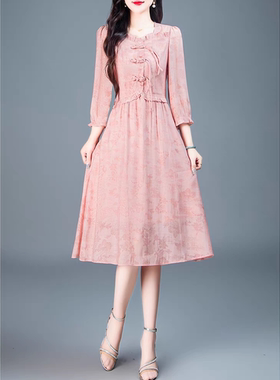 6629 时尚新款木耳拼接方领复古国风印花显瘦气质优雅连衣裙
