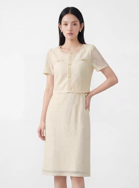 L653 春夏款法式优雅小香风蕾丝圆领短袖假两件连衣裙