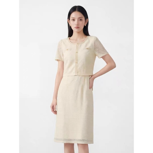 L653 春夏款法式优雅小香风蕾丝圆领短袖假两件连衣裙