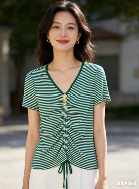 S677 夏季新款时尚抽褶百搭V领品质条纹小衫