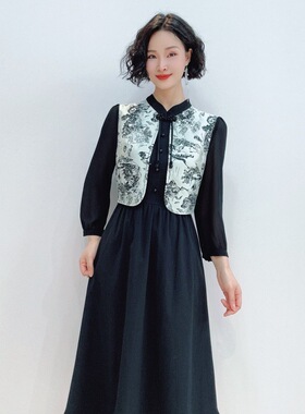 3659 时尚拼接洋气显瘦春季优雅复古国风假两件连衣裙FS