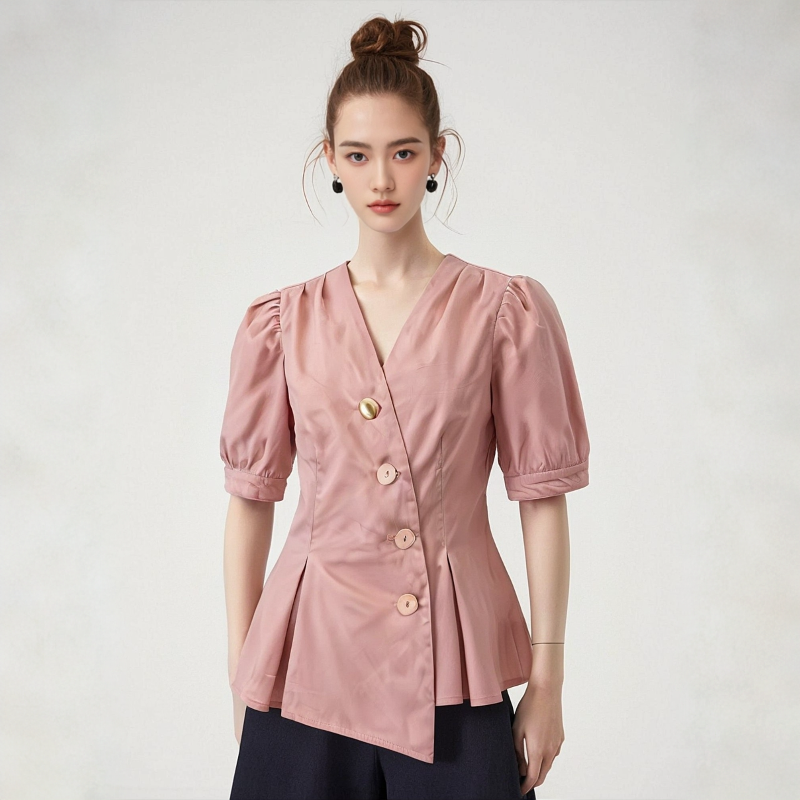 S085夏款V领纯色不规则显瘦百搭短袖衬衫