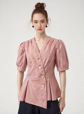 S085 夏款V领纯色不规则显瘦百搭短袖衬衫