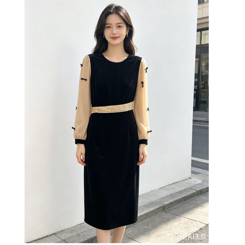 1259 春季新款时尚高级丝绒拼接小众蝴蝶结装饰显瘦连衣裙LY - 实物图