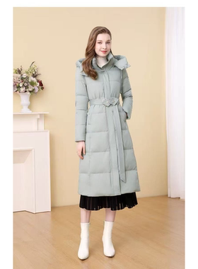 1353 冬季时尚系带收腰显瘦立领保暖连帽中长款羽绒服LY