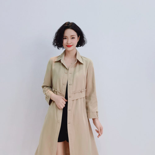 F018 春秋时尚盘扣拼接洋气简约显瘦百搭中长款风衣外套