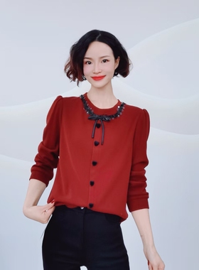 A028 春季新款圆领蝴蝶结亮片宽松洋气百搭针织衫