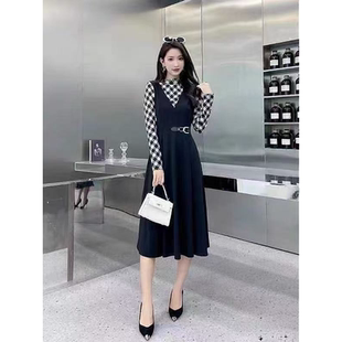 6902 春秋款气质时尚洋气知性优雅假两件连衣裙