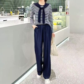 时尚 新款 条纹上衣显瘦长袖 T恤高腰阔腿裤 D053 两件套套裤 秋季