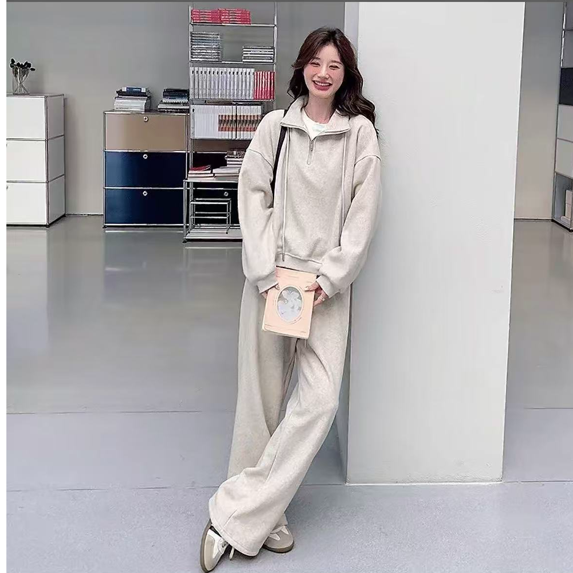 T118 秋冬韩系休闲慵懒风加绒立领卫衣阔腿长裤两件套套装,女装/女士精品,时尚套装,淘宝优惠券,粉丝福利购,淘宝优惠卷