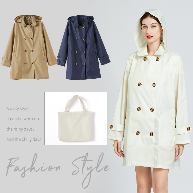 雨衣女中长款纯色双排扣户外徒步上班旅行外套风衣式雨披轻薄便携